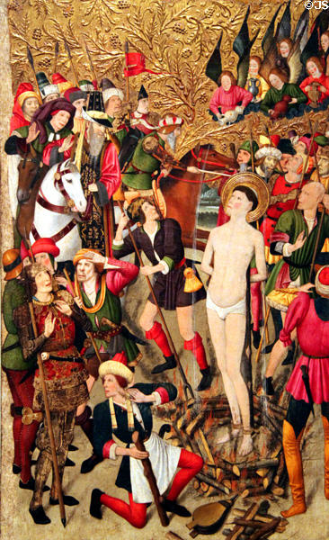 St. Vicenç at the stake detail on altarpiece of St. Vicenç painting (c1455-60) by Jaume Huguet at Museu Nacional d'Art de Catalunya. Barcelona, Spain.