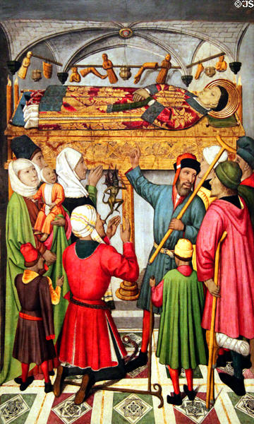 St. Vicenç posthumous miracles detail on altarpiece of St. Vicenç painting (c1455-60) by Jaume Huguet at Museu Nacional d'Art de Catalunya. Barcelona, Spain.