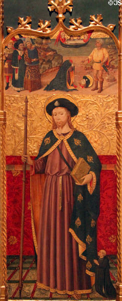 St. James Major with inset of his decapitation painting (15th C) by Master of Cruïlles at Museu Nacional d'Art de Catalunya. Barcelona, Spain.