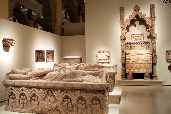 Gallery of Gothic stone carvings & tombs at Museu Nacional d'Art de Catalunya. Barcelona, Spain.