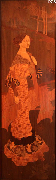 Modernista marquetry panel with woman in forest (c1905) by Gaspar Homar at Museu Nacional d'Art de Catalunya. Barcelona, Spain.