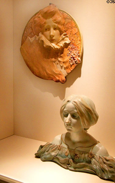 Modernista terracotta plaque & bust of women (1903) by Lambert Escaler at Museu Nacional d'Art de Catalunya. Barcelona, Spain.