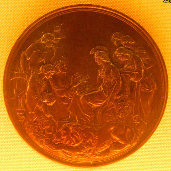 Medal showing Britannia & lion from Universal Exposition of London (1862) by Leonard Charles Wyon at Museu Nacional d'Art de Catalunya. Barcelona, Spain.