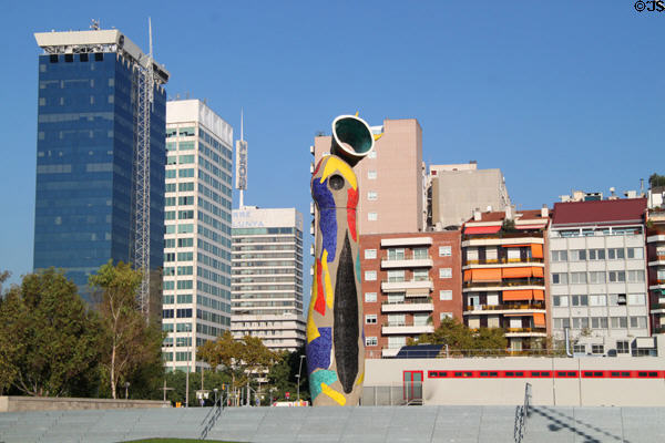 Parc de Joan Miró ringed by modern buildings near Plaça d'Espanya. Barcelona, Spain.
