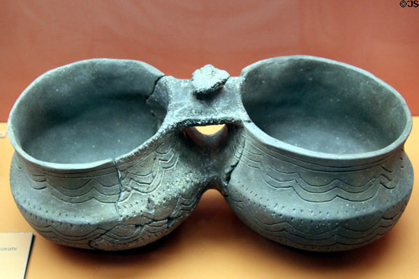 Bronze twin vase (BCE) from Cova Verda from Sitges in Tarragon at Museu d'Arqueologia de Catalunya. Barcelona, Spain.