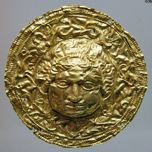 Greco-Roman gold jewelry mask at Museu d'Arqueologia de Catalunya. Barcelona, Spain.