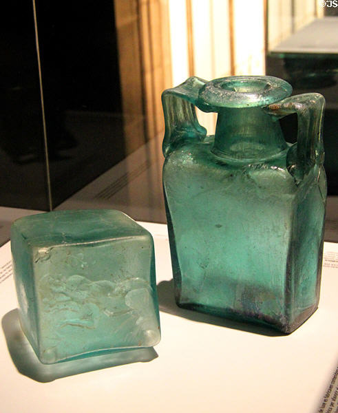 Glass cube & bottle (1st -2ndC) at Museu d'Arqueologia de Catalunya. Barcelona, Spain.