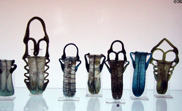 Double unguent glass bottles (4thC) from Palestine at Museu d'Arqueologia de Catalunya. Barcelona, Spain.