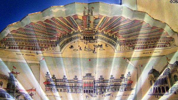 Fan with images of buildings 1888 Universal Exposition at Barcelona at Museum of Decorative Arts. Barcelona, Spain.