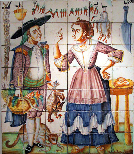 Kitchen scene Valencia (18thC) at Ceramics Museum of Barcelona. Barcelona, Spain.