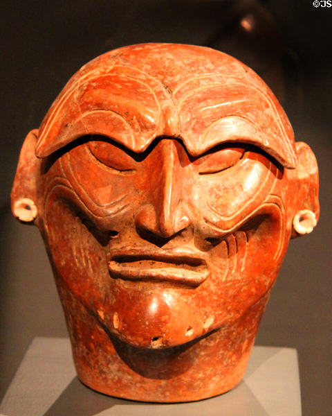 Ceramic head vase (600-900) from Maya Guatemala at Barbier Mueller Precolumbian Art Museum. Barcelona, Spain.