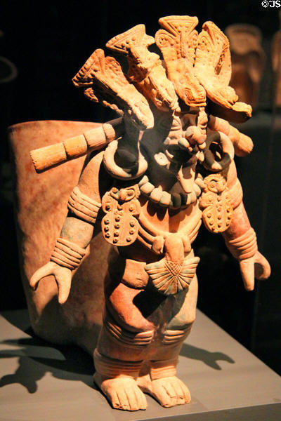 Ceramic anthropomorphic figure (500 BCE-500 CE) from Jama-Coaque Culture, Ecuador at Barbier Mueller Precolumbian Art Museum. Barcelona, Spain.