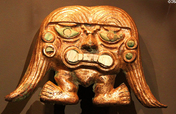 Gold & copper alloy mask (100 BCE-600 CE) from Mochica Culture, Peru at Barbier Mueller Precolumbian Art Museum. Barcelona, Spain.