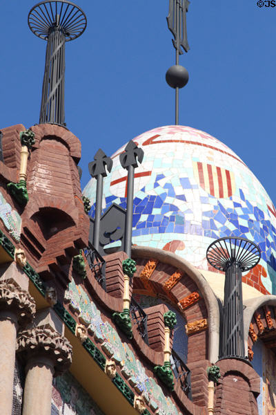 Dome & finials atop Palace of Catalan Music. Barcelona, Spain.