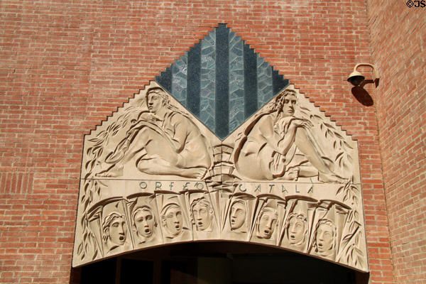 Orfeó Català frieze over entrance to extension of Palace of Catalan Music. Barcelona, Spain.