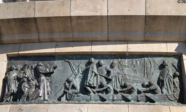 Plaque of Columbus sailing from Palos de la Frontera (Aug. 3, 1492) on Columbus Monument. Barcelona, Spain.