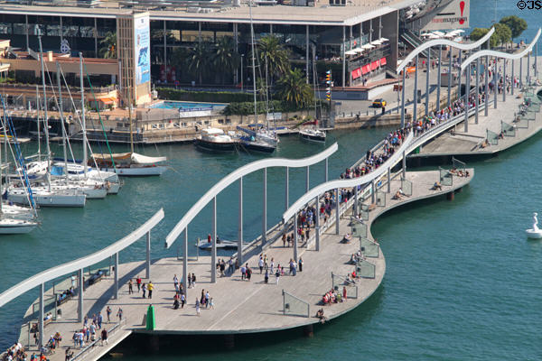 Rambla de Mar walkway leading to the retail & leisure complex Maremagnum at Port Vell. Barcelona, Spain.