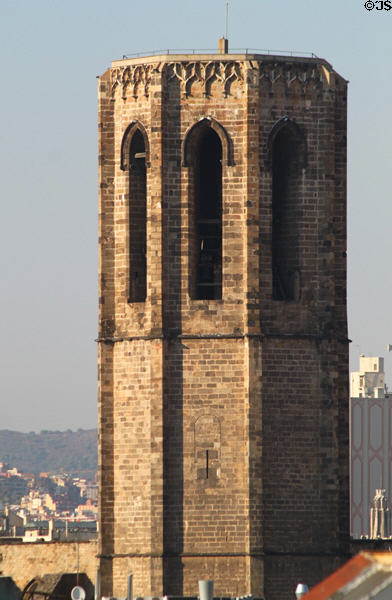 Hexagonal Gothic bell tower of Church of Santa Maria del Pi (1319-91) (Pl. del Pi 7 off La Rambla). Barcelona, Spain.