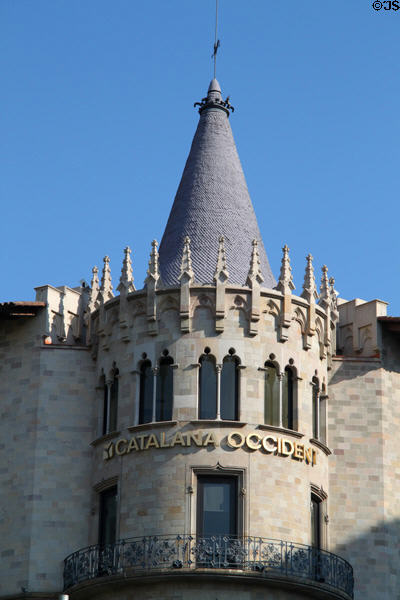 Neo-Gothic tower of Casa Pons i Pascual (aka Catalana Occident building) (Ronda de Sant Pere at Passeig de Gràcia). Barcelona, Spain.