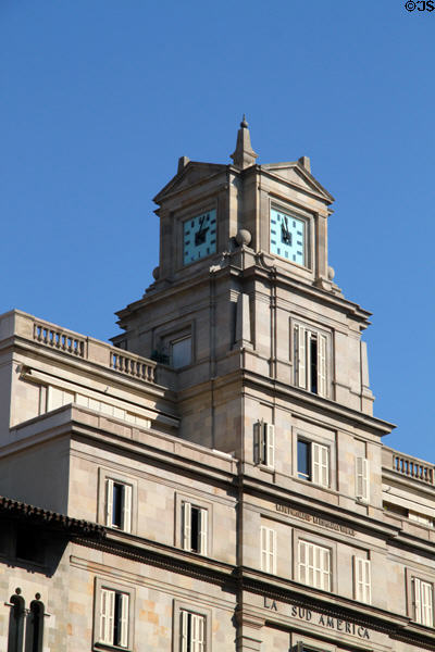 Clock tower of La Sud America building (Ronda de Sant Pere 3). Barcelona, Spain.