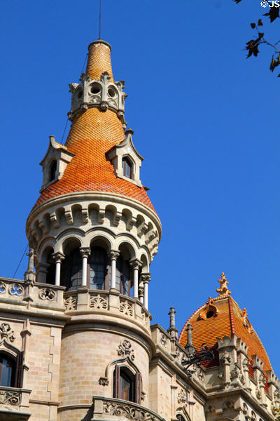 Turrets of Casa Antoni Rocamora at Passeig de Gràcia 6. Barcelona, Spain.