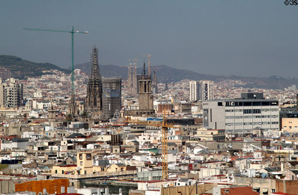 Barcelona skyline with Cathedral & Sagrada Familia spires. Barcelona, Spain.