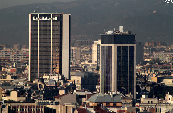 Torre Banc de Sabadell (1969) (23 floors) (Carrer de Balmes 168) beside Deutsche Bank building on Diagonel. Barcelona, Spain. Architect: Francesc Mitjans Miró.