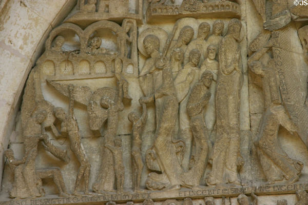 Detail of separation of blessed from damned at Last Judgment on tympanum of Cathedral St Lazarre. Autun, France.