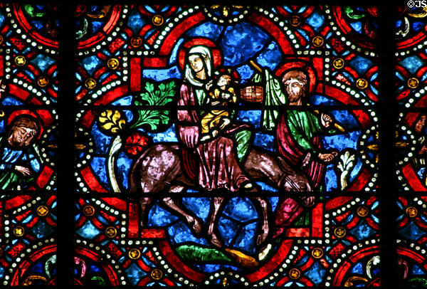 Stained glass window of flight into Egypt in Cathedral St Étienne. Auxerre, France.