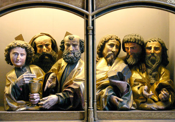 Carvings of Christ & 11 Apostles (detail of right section) on Isenheim Altarpiece by Matthius Grünewald in Unterlinden Museum. Colmar, France.