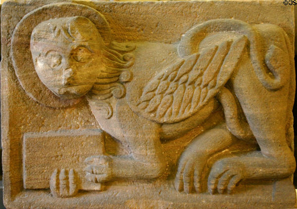 Sandstone relief of lion of St Mark the Evangelist (mid 12thC) from Alspach in Unterlinden Museum. Colmar, France.