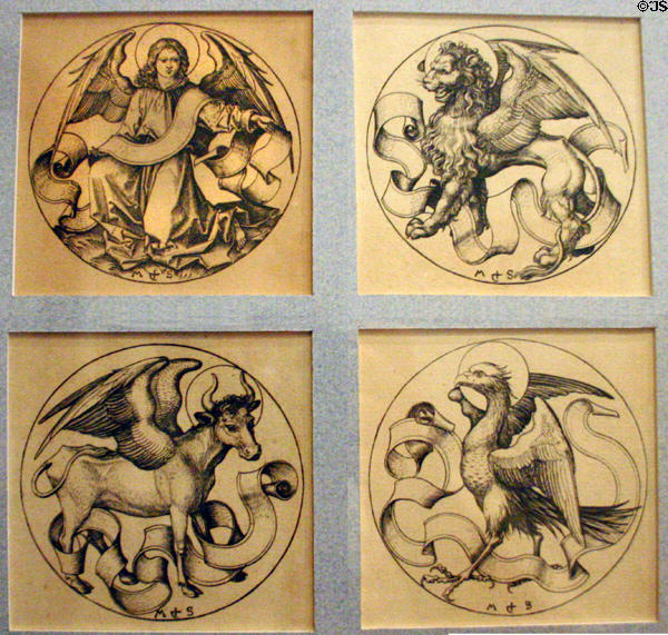 Medieval engraving of Evangelists Matthew, Mark, Luke & John in Unterlinden Museum. Colmar, France.