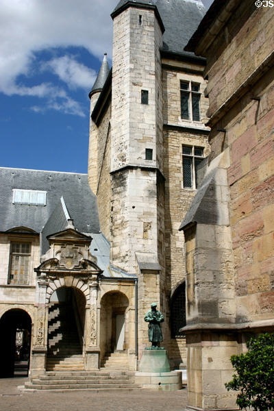 Bellegarde Staircase (17thC) & Bar Tower (14thC) built by Philippe-le-Bon & used as a prison in Palace of Dukes. Dijon, France.
