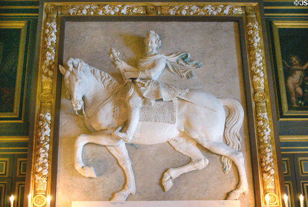 Equestrian relief (c1600) of Henri IV by Mathieu Jacquet in St Louis bedroom at Fontainbleau Palace. Fontainbleau, France.