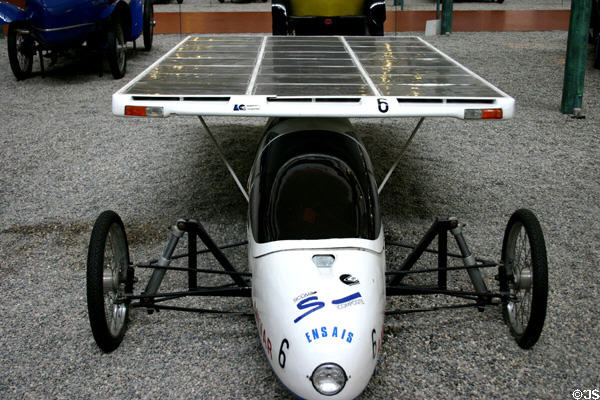 Ensais (1987) single-seat solar electric car, France; 90km/h (0 cylinders) in Schlumpf National Automobile Museum. Mulhouse, France.