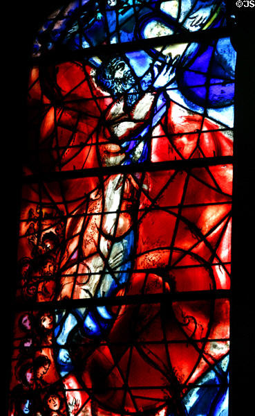 Detail of Moses with ten commandments from stained-glass (rbp1) by Marc Chagall in Cathedral. Metz, France.
