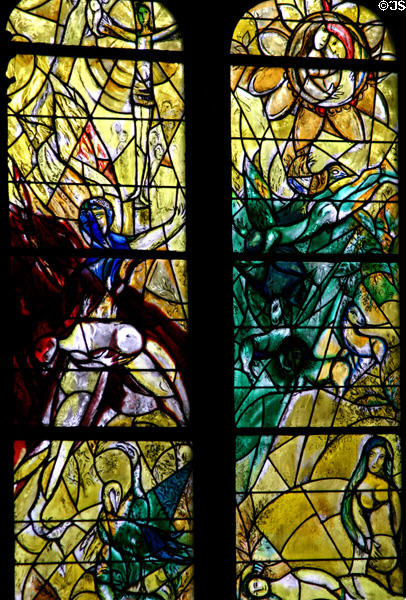 Detail of Crucifixion windows from stained-glass (y1&2) by Marc Chagall in Cathedral. Metz, France.