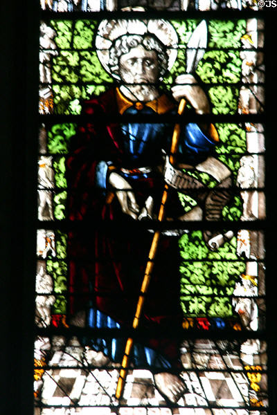 Stained-glass Apostle St Thomas in Cathedral. Metz, France.