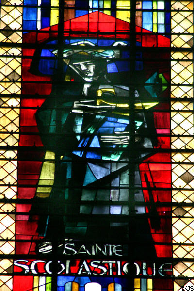 Modern stained-glass of St Scholastique in Cathedral. Metz, France.