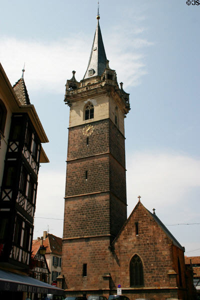 Kapellturm clock tower beside city hall. Obernai, France. Style: Gothic.