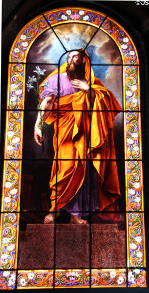 Christ with lily stained glass window at Eglise Notre Dame de Pitie & St Elisabeth. Paris, France.