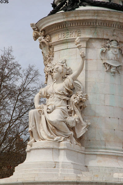 Liberty symbol on base of French Revolution monument (1883) at Place de la République. Paris, France.