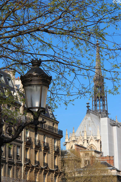 Streetlamp on Isle de la Cité with St Chapelle in distance. Paris, France.