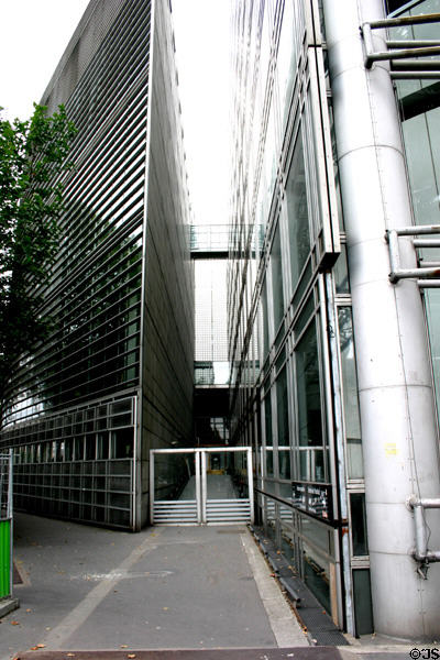 Exterior corridor at Arab World Institute building. Paris, France.