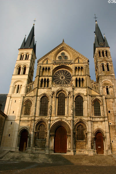 Romanesque facade & south tower (1170) Basilica Saint-Remi, a UNESCO site. Reims, France.