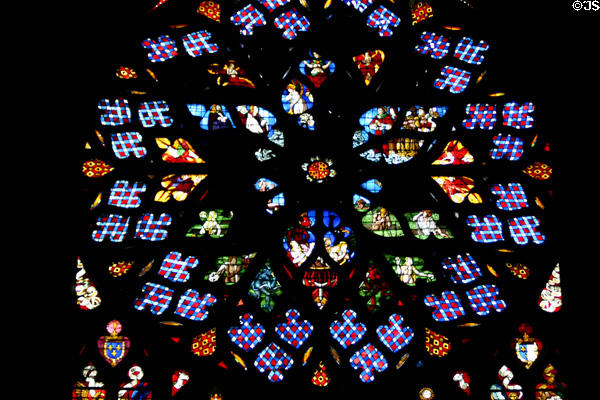 South transept rose stained glass window of St Stephen's Cathedral. Sens, France.