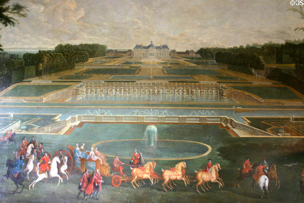 Overview of Vaux-le-Vicomte chateau (1728) during visit of Queen of France Marie Leczinska in painting by Martin des Batailles. Melun, France.