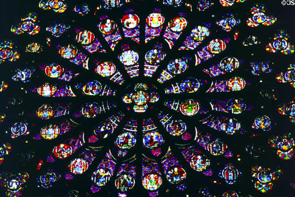 Rose window of Christ enthroned circled by apostles, saints & angels in south transept of Notre Dame Cathedral. Paris, France.