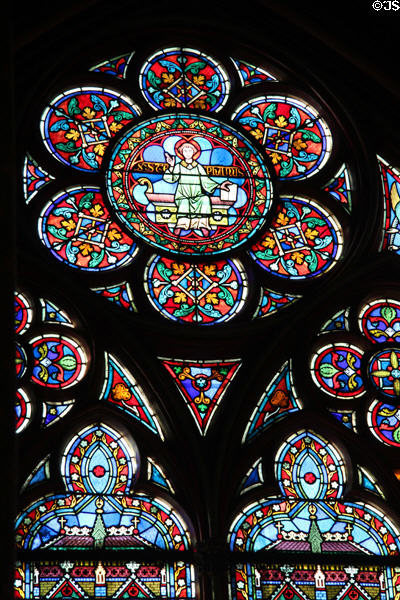 Saint Stephen stained glass window in Notre Dame Cathedral. Paris, France.