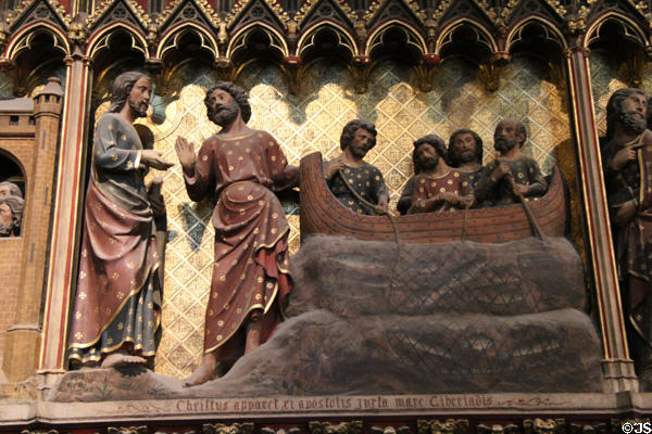Christ appears to Apostles by Sea of Tiberius on carved stone chancel screen (14thC) in Notre Dame Cathedral. Paris, France.